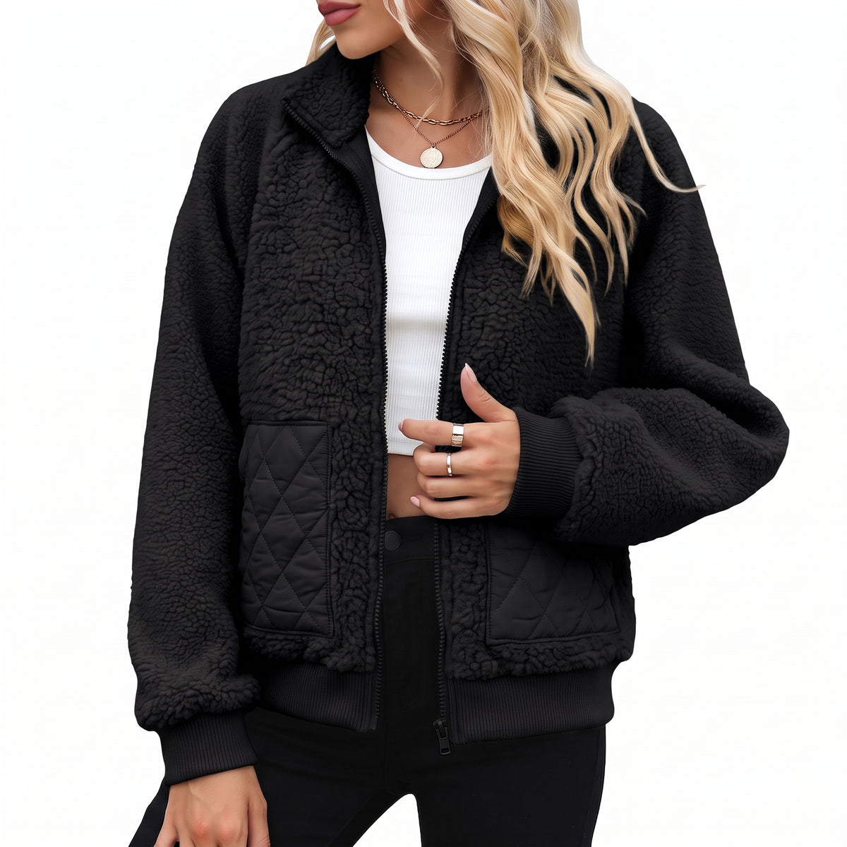 Womens Fleece Jacket Lightweight Zip Up Casual Long Sleeve Jacket with Quilted Pockets Cozy Fall Winter Outerwear