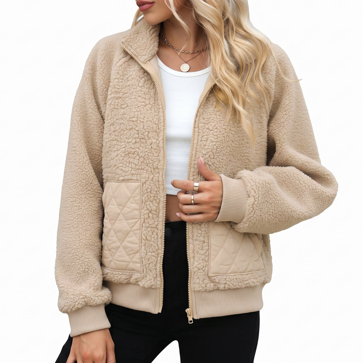 Womens Fleece Jacket Lightweight Zip Up Casual Long Sleeve Jacket with Quilted Pockets Cozy Fall Winter Outerwear
