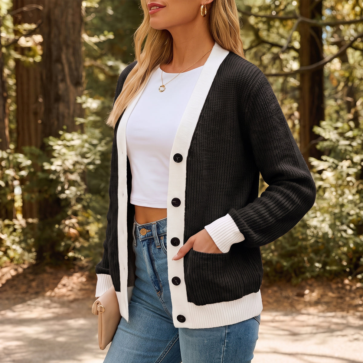 WQD Cardigan Sweaters for Women Button up Long Sleeve Knit Cardigan with Contrast Trim and Pockets for Spring Fall Winter