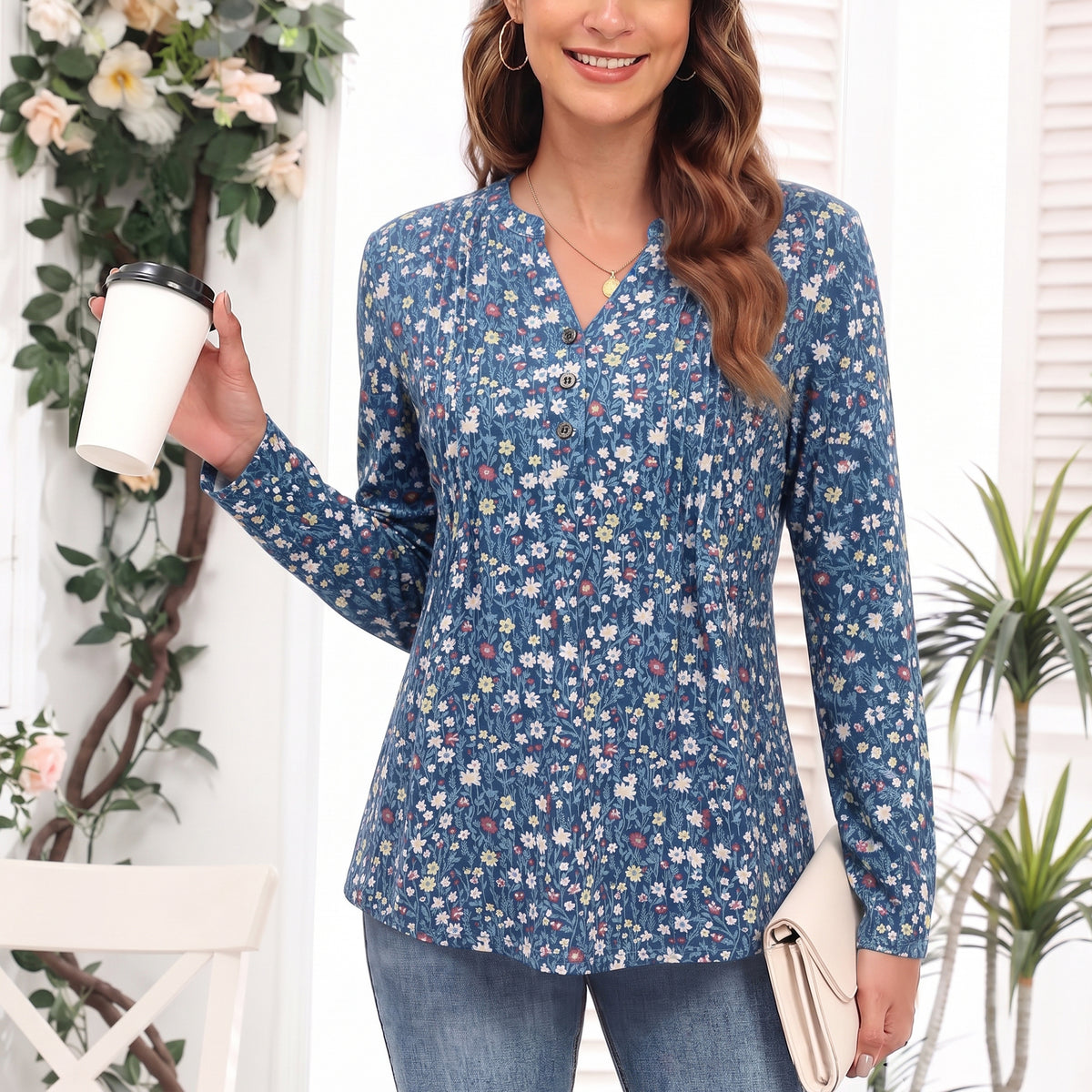 Women's Long Sleeve Tunic Tops Floral Pintuck Blouses Popover Shirts Dressy Casual Tops for Leggings Spring Fall Available in Sizes S-4XL