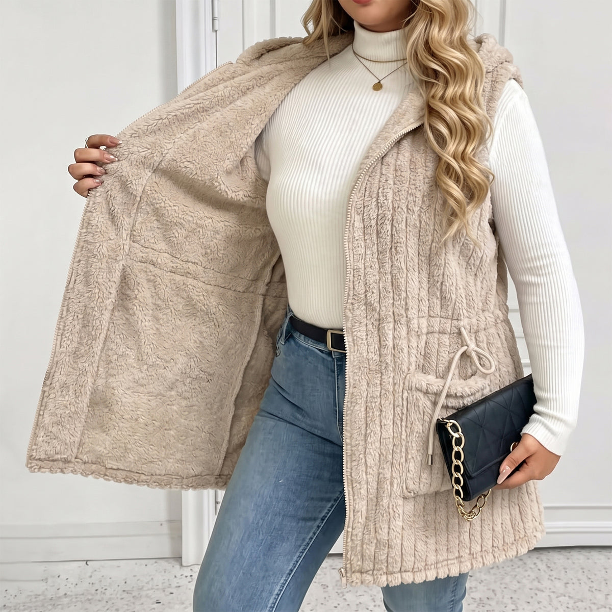 Womens Fleece Vest Hooded Sherpa Zip Front Sleeveless Jacket with Pockets Drawstring Waist Warm Outerwear for Spring Fall Winter