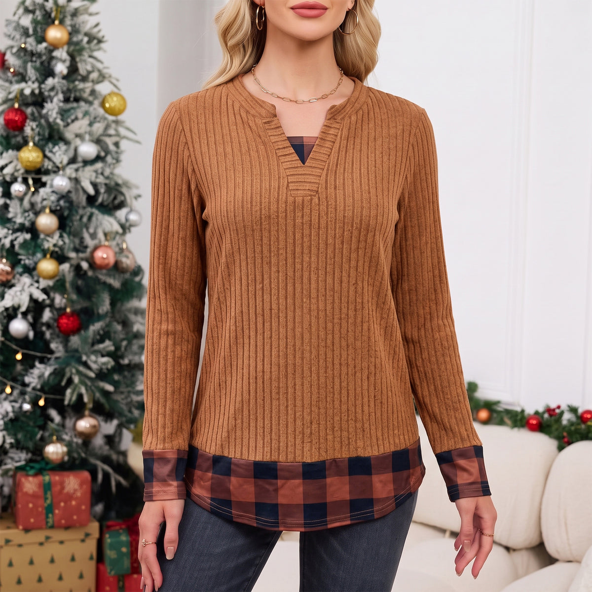 Long Sleeve Shirts for Women Casual V Neck Plaid Fake Two Piece Tops Lightweight Knit Tops Plus Size S-4XL