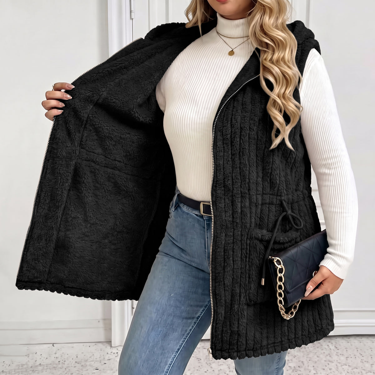 Womens Fleece Vest Hooded Sherpa Zip Front Sleeveless Jacket with Pockets Drawstring Waist Warm Outerwear for Spring Fall Winter