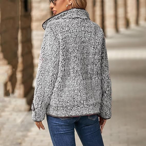 Women's Fleece Jacket Sherpa Teddy Fleece Coat Button Front Warm Outerwear with Pockets Stand Collar for Fall Winter