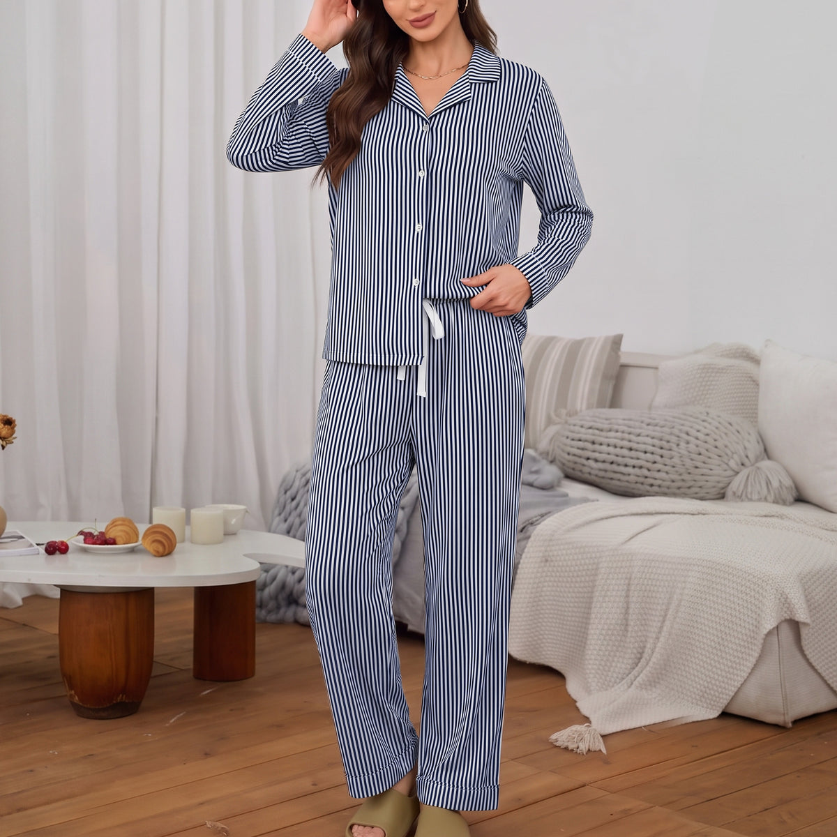 WQD Pajamas for Women Set 2 Piece Long Sleeve Button Down Top with Wide Leg Pants Soft Striped Loungewear Sleepwear with Pockets