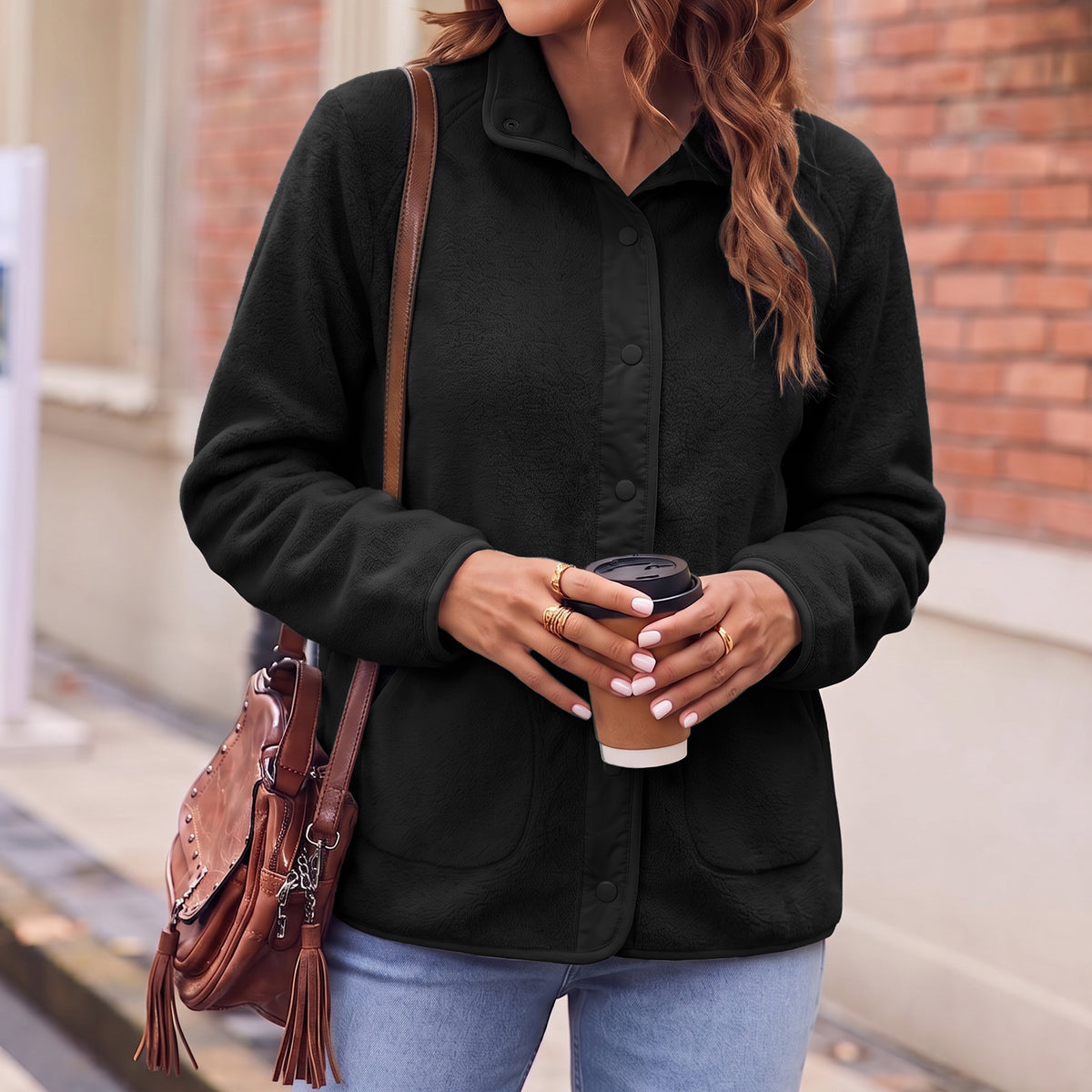 Women's Fleece Jacket Lightweight Stand Collar Long Sleeve Snap Button Front Outerwear Jacket with Side Pockets