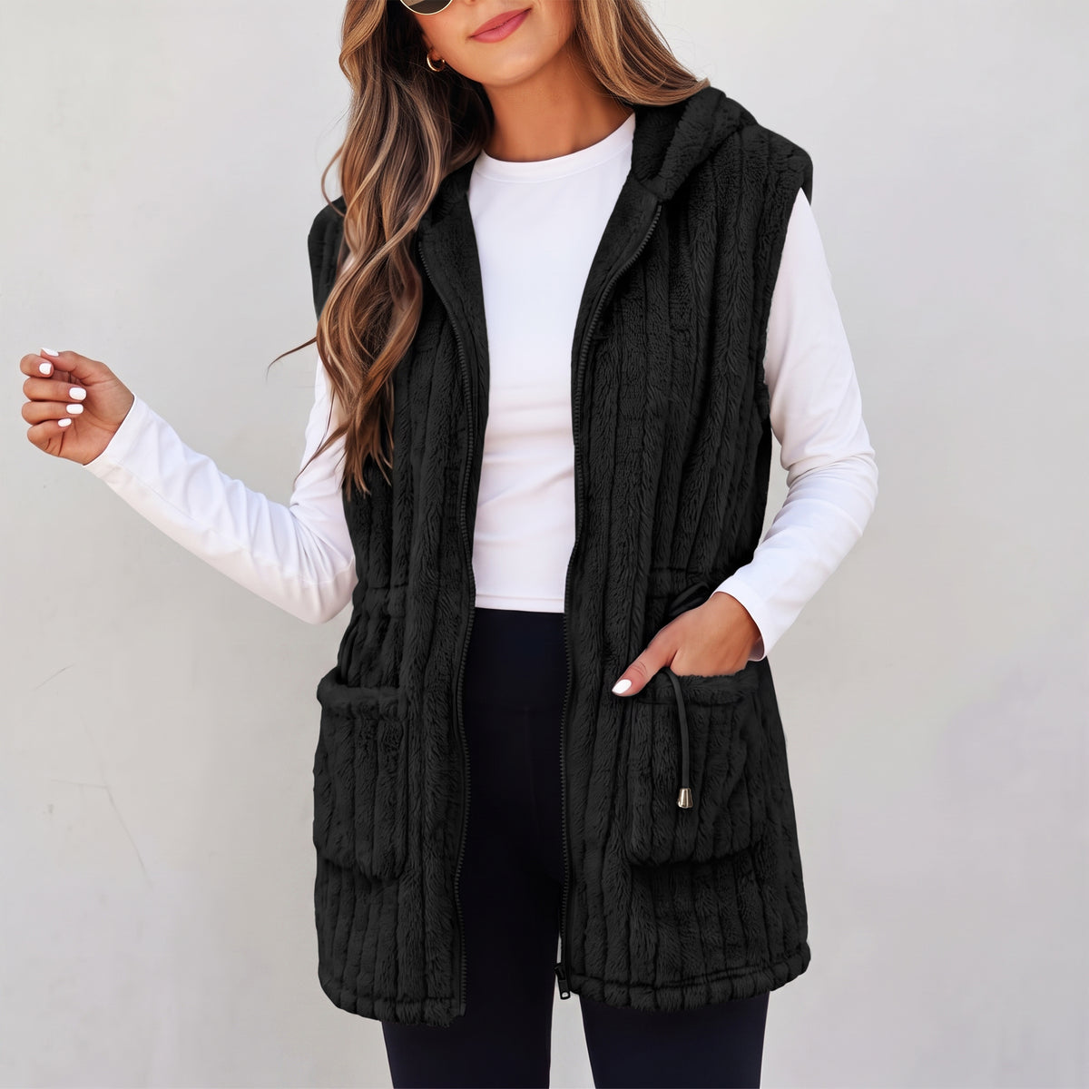 Womens Fleece Vest Hooded Sherpa Zip Front Sleeveless Jacket with Pockets Drawstring Waist Warm Outerwear for Spring Fall Winter