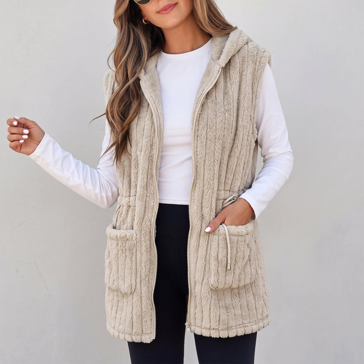 Womens Fleece Vest Hooded Sherpa Zip Front Sleeveless Jacket with Pockets Drawstring Waist Warm Outerwear for Spring Fall Winter