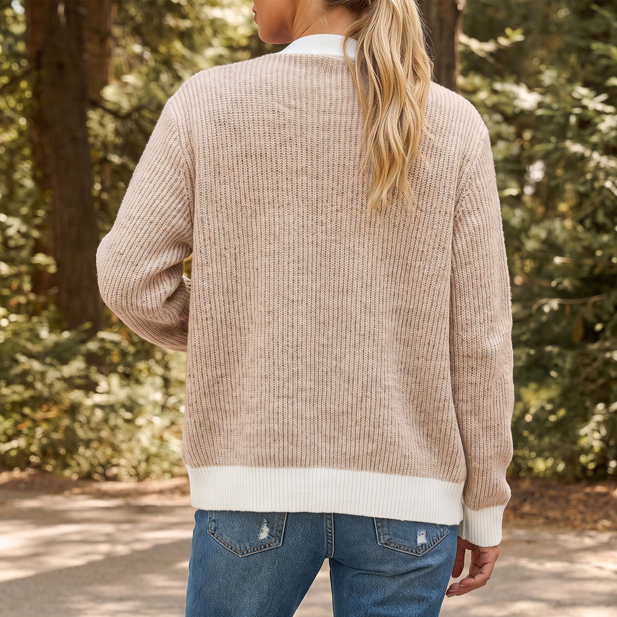 WQD Cardigan Sweaters for Women Button up Long Sleeve Knit Cardigan with Contrast Trim and Pockets for Spring Fall Winter