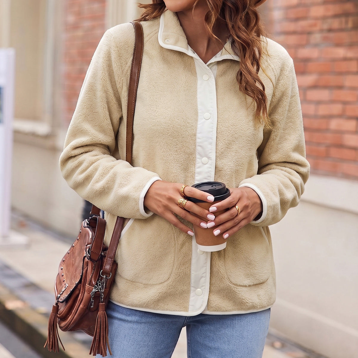 Women's Fleece Jacket Lightweight Stand Collar Long Sleeve Snap Button Front Outerwear Jacket with Side Pockets
