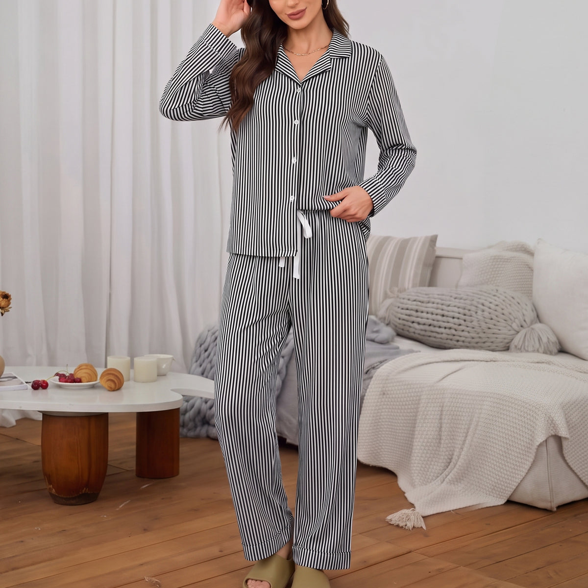WQD Pajamas for Women Set 2 Piece Long Sleeve Button Down Top with Wide Leg Pants Soft Striped Loungewear Sleepwear with Pockets