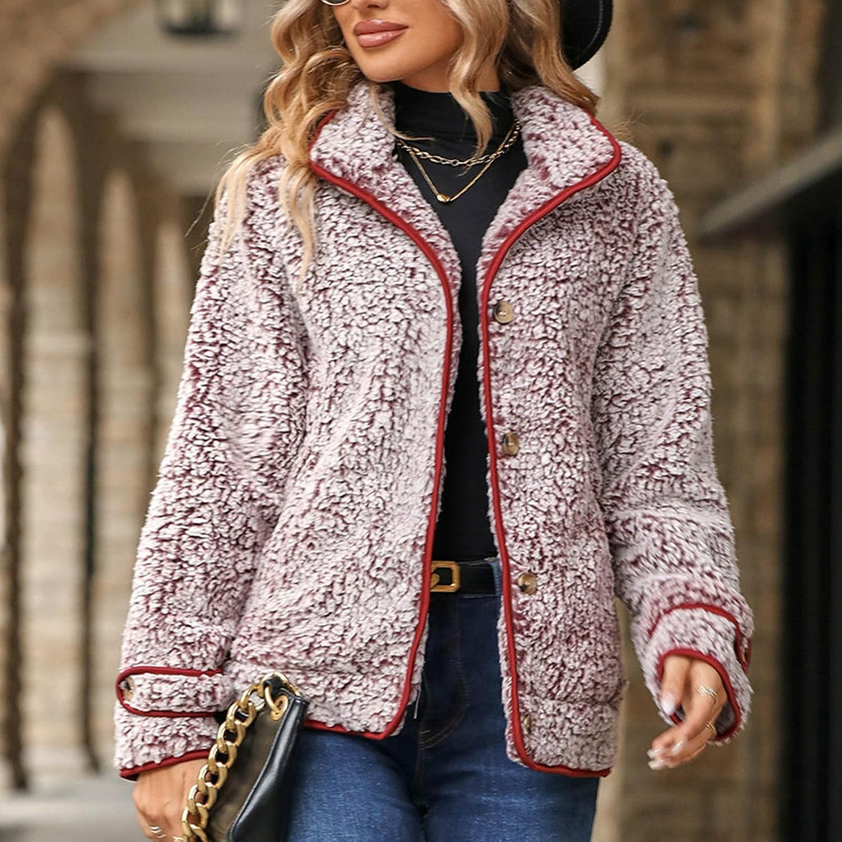 Women's Fleece Jacket Sherpa Teddy Fleece Coat Button Front Warm Outerwear with Pockets Stand Collar for Fall Winter