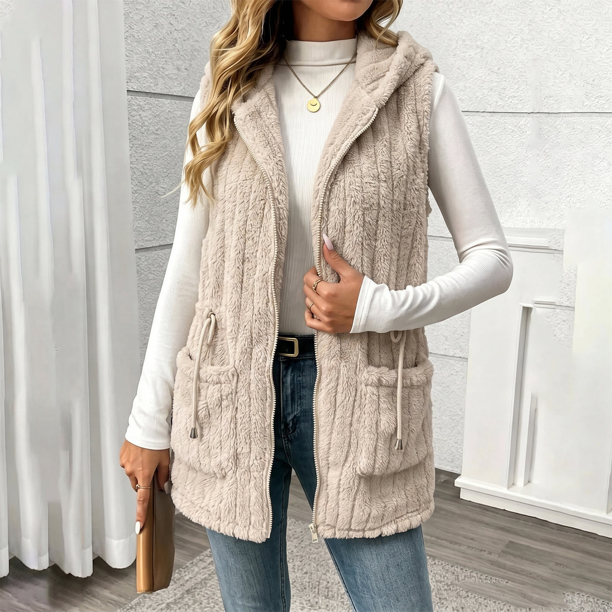 Womens Fleece Vest Hooded Sherpa Zip Front Sleeveless Jacket with Pockets Drawstring Waist Warm Outerwear for Spring Fall Winter