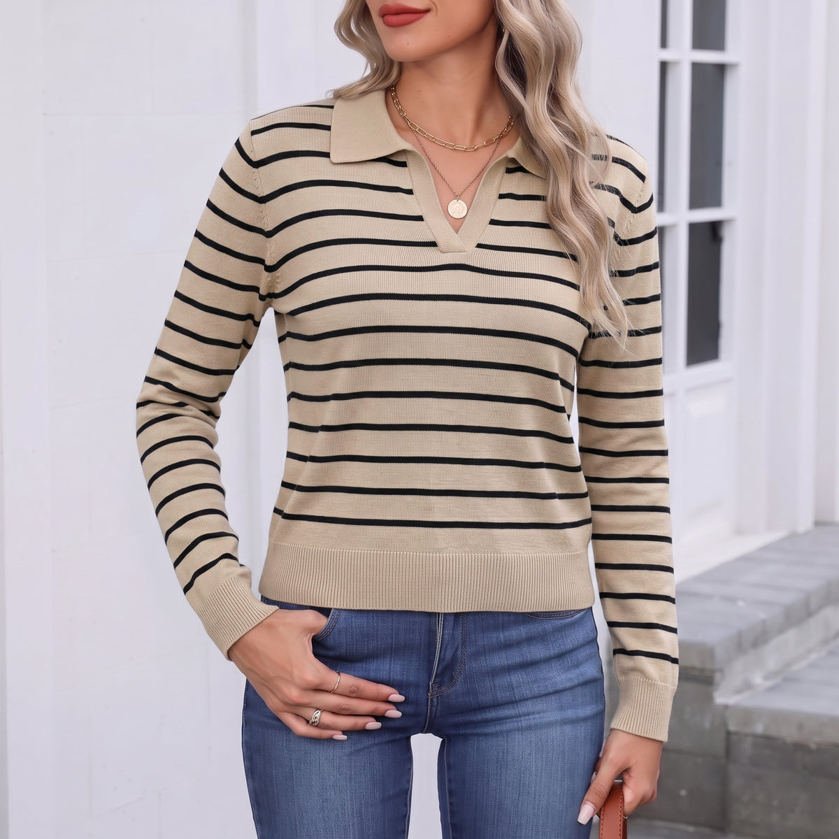 Sweaters for Women Polo Sweater Women Long Sleeve Rib Knit V Neck Pullover Lightweight Knit Top for Spring Fall Winter