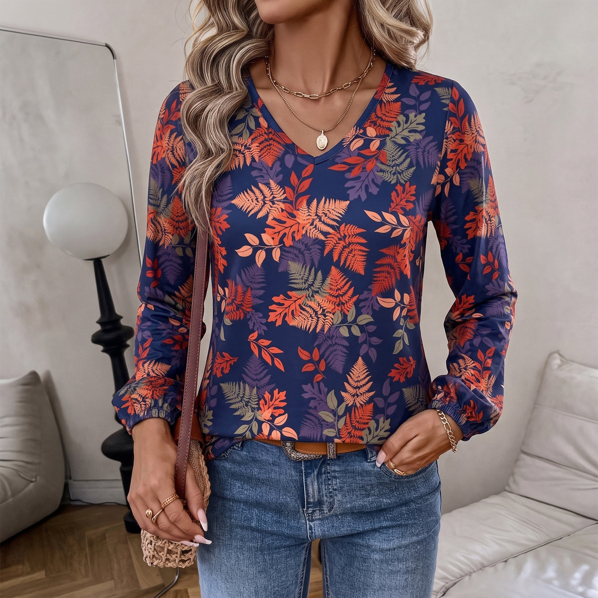 Women's Long Sleeve Floral Blouses V Neck Casual Tops Lightweight Printed Shirts for Spring Fall Winter Available in Plus Size