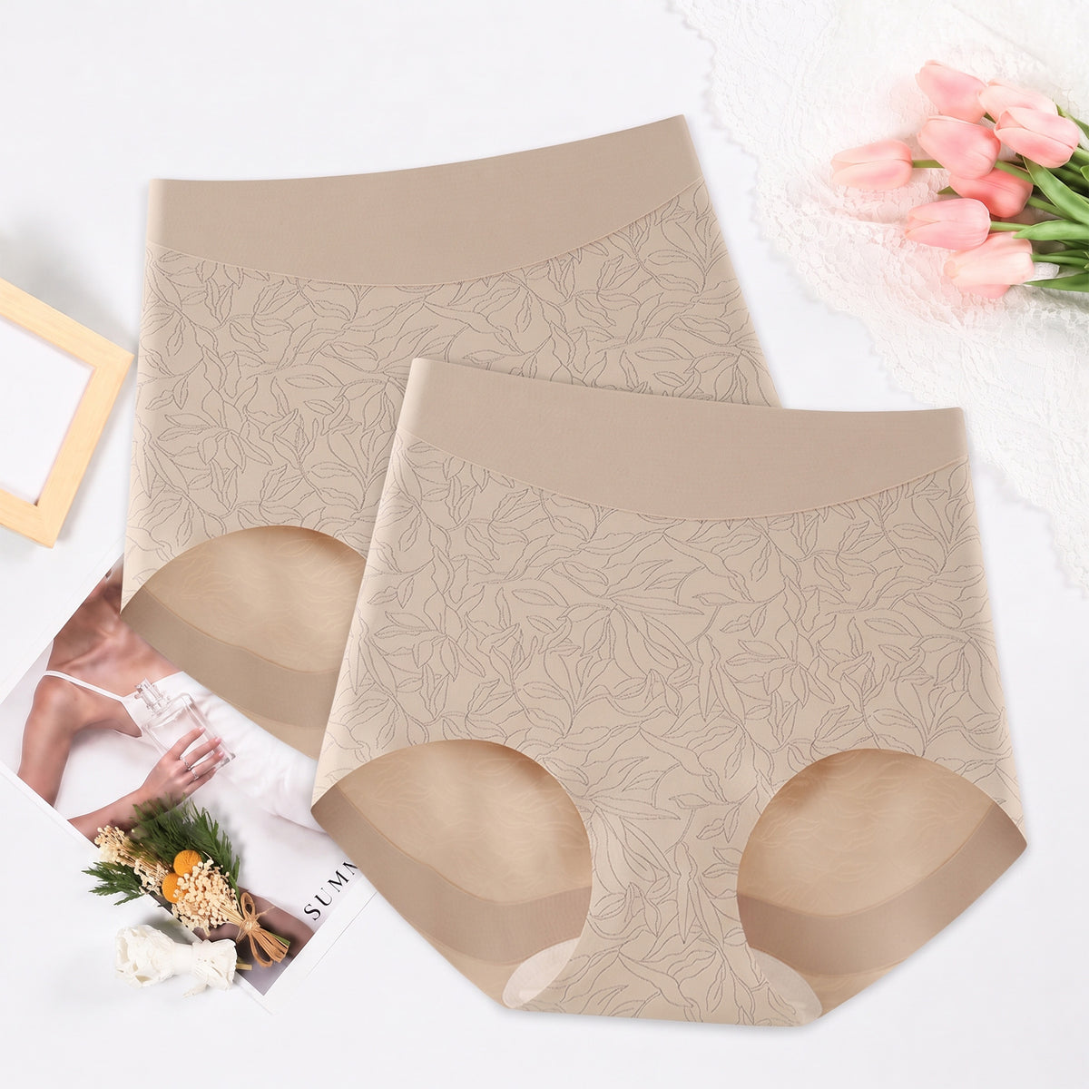 High Waisted Panties for Women 2 Pack Seamless Full Coverage No Show Underwear Soft Stretch Breathable Floral Jacquard Briefs Available in Plus Size