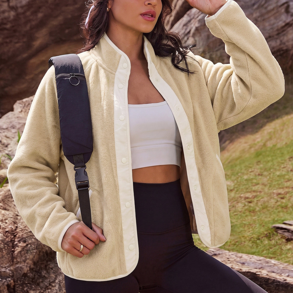 Women's Fleece Jacket Lightweight Stand Collar Long Sleeve Snap Button Front Outerwear Jacket with Side Pockets