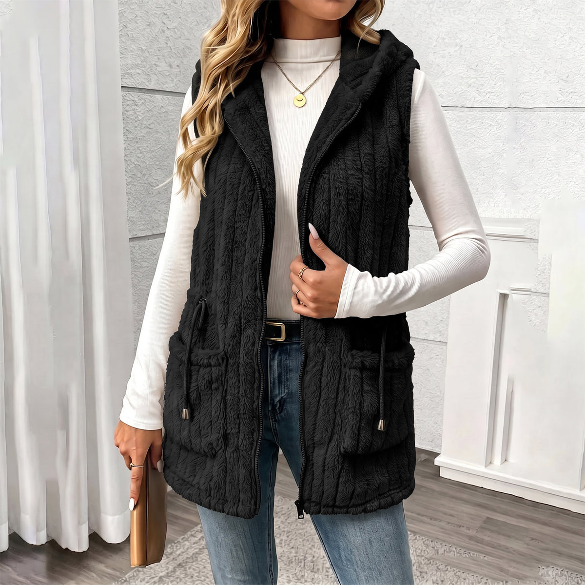 Womens Fleece Vest Hooded Sherpa Zip Front Sleeveless Jacket with Pockets Drawstring Waist Warm Outerwear for Spring Fall Winter