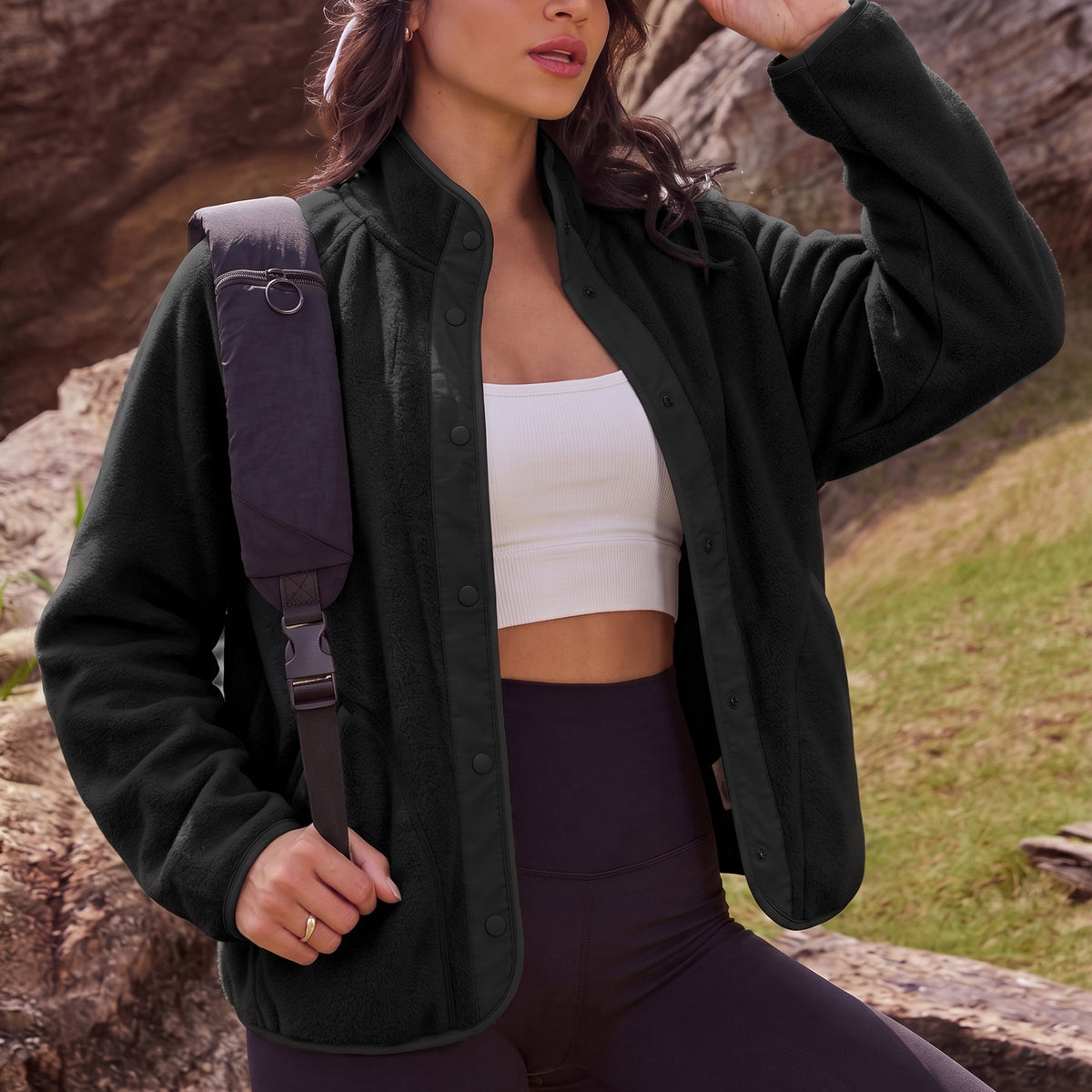 Women's Fleece Jacket Lightweight Stand Collar Long Sleeve Snap Button Front Outerwear Jacket with Side Pockets