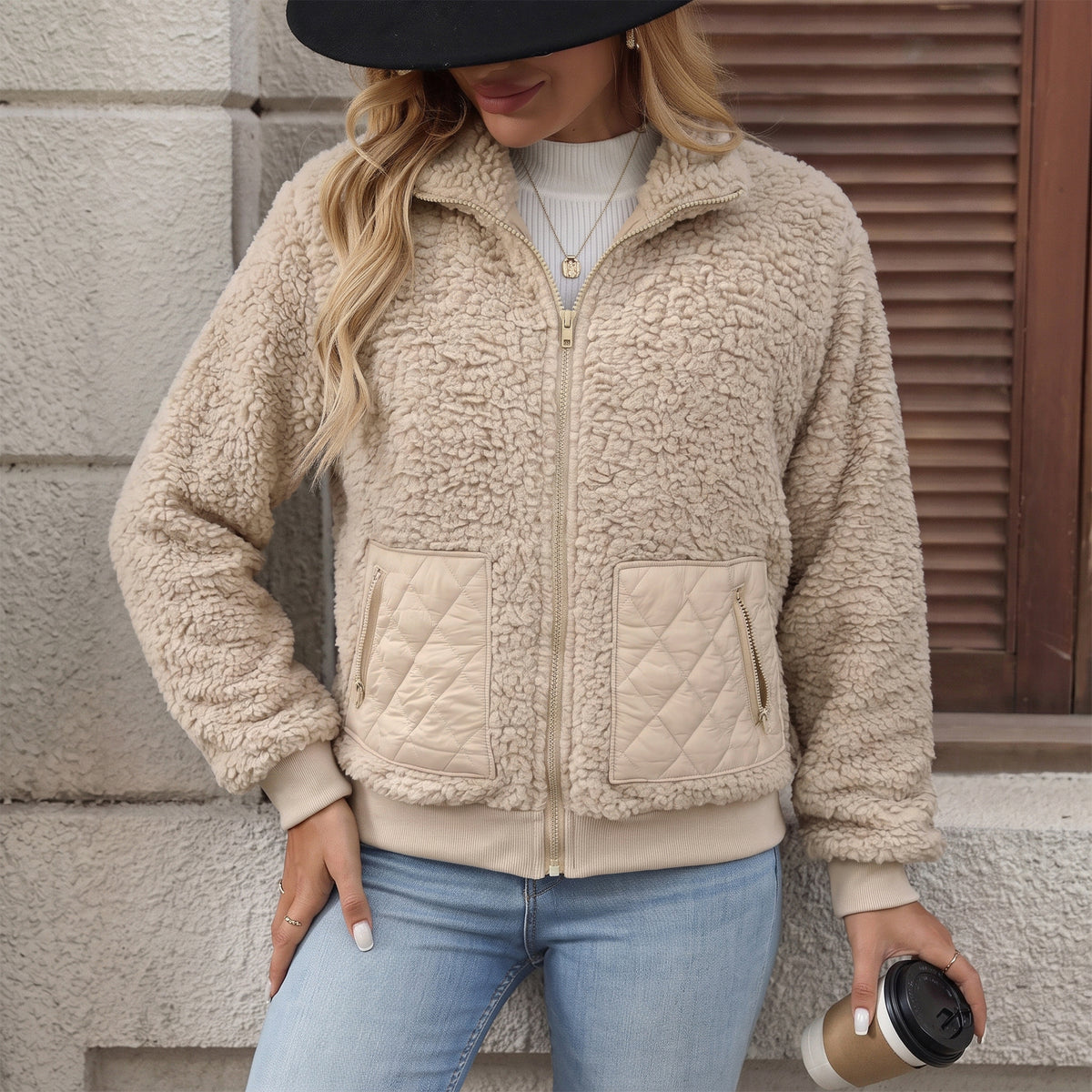 Womens Fleece Jacket Lightweight Zip Up Casual Long Sleeve Jacket with Quilted Pockets Cozy Fall Winter Outerwear