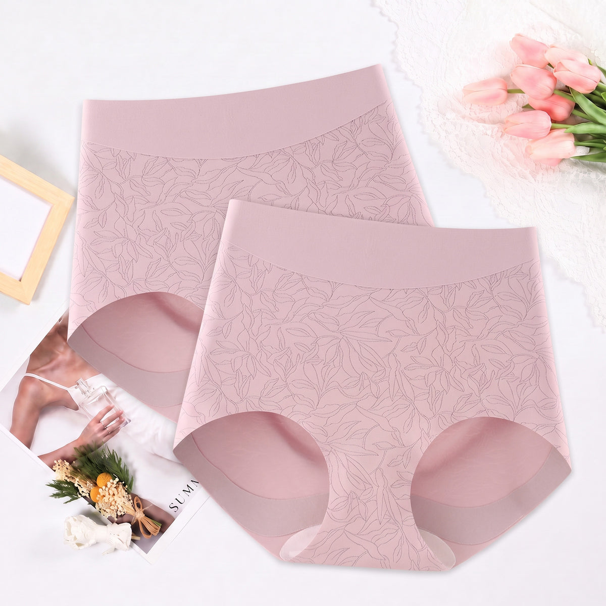 High Waisted Panties for Women 2 Pack Seamless Full Coverage No Show Underwear Soft Stretch Breathable Floral Jacquard Briefs Available in Plus Size