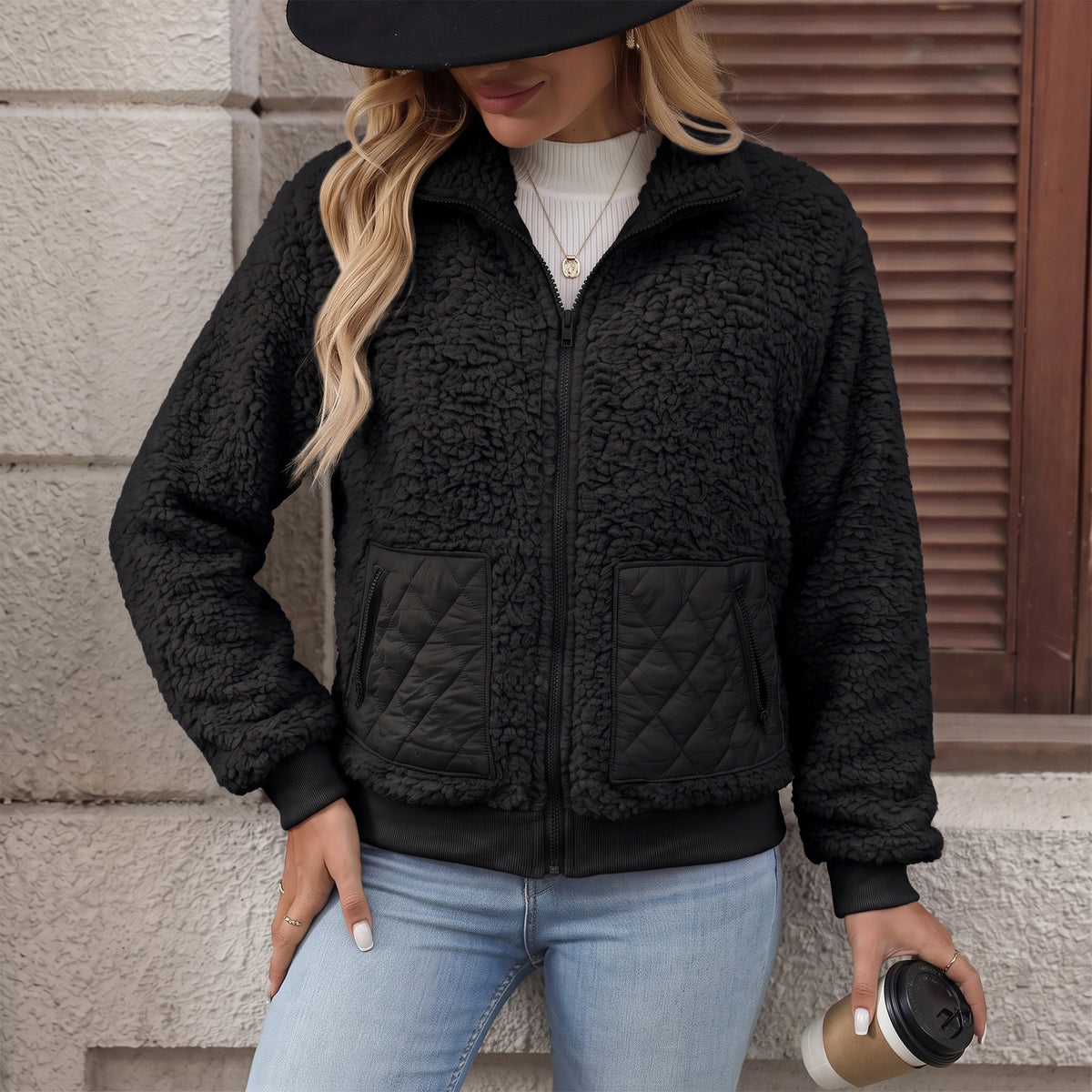 Womens Fleece Jacket Lightweight Zip Up Casual Long Sleeve Jacket with Quilted Pockets Cozy Fall Winter Outerwear