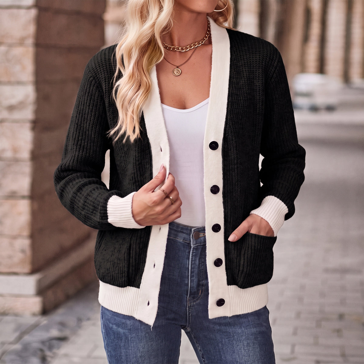 WQD Cardigan Sweaters for Women Button up Long Sleeve Knit Cardigan with Contrast Trim and Pockets for Spring Fall Winter