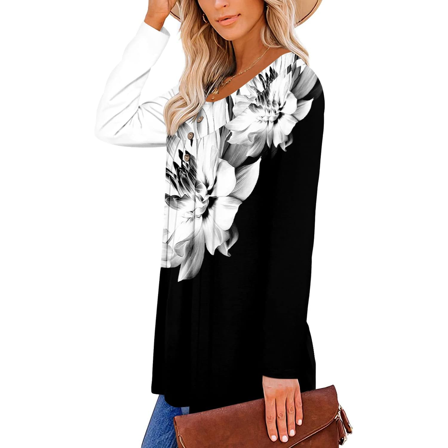 WQD Scoop Neck Tops for Women Floral Long Sleeve Tunic Blouses Casual Loose Fit Shirts to Wear with Leggings Dressy Work Tops (Available in Plus Size)
