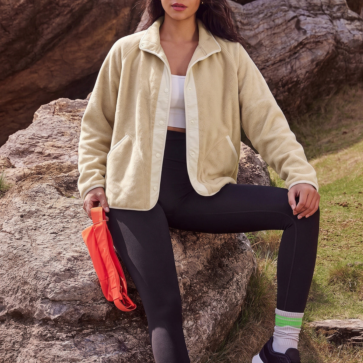 Women's Fleece Jacket Lightweight Stand Collar Long Sleeve Snap Button Front Outerwear Jacket with Side Pockets