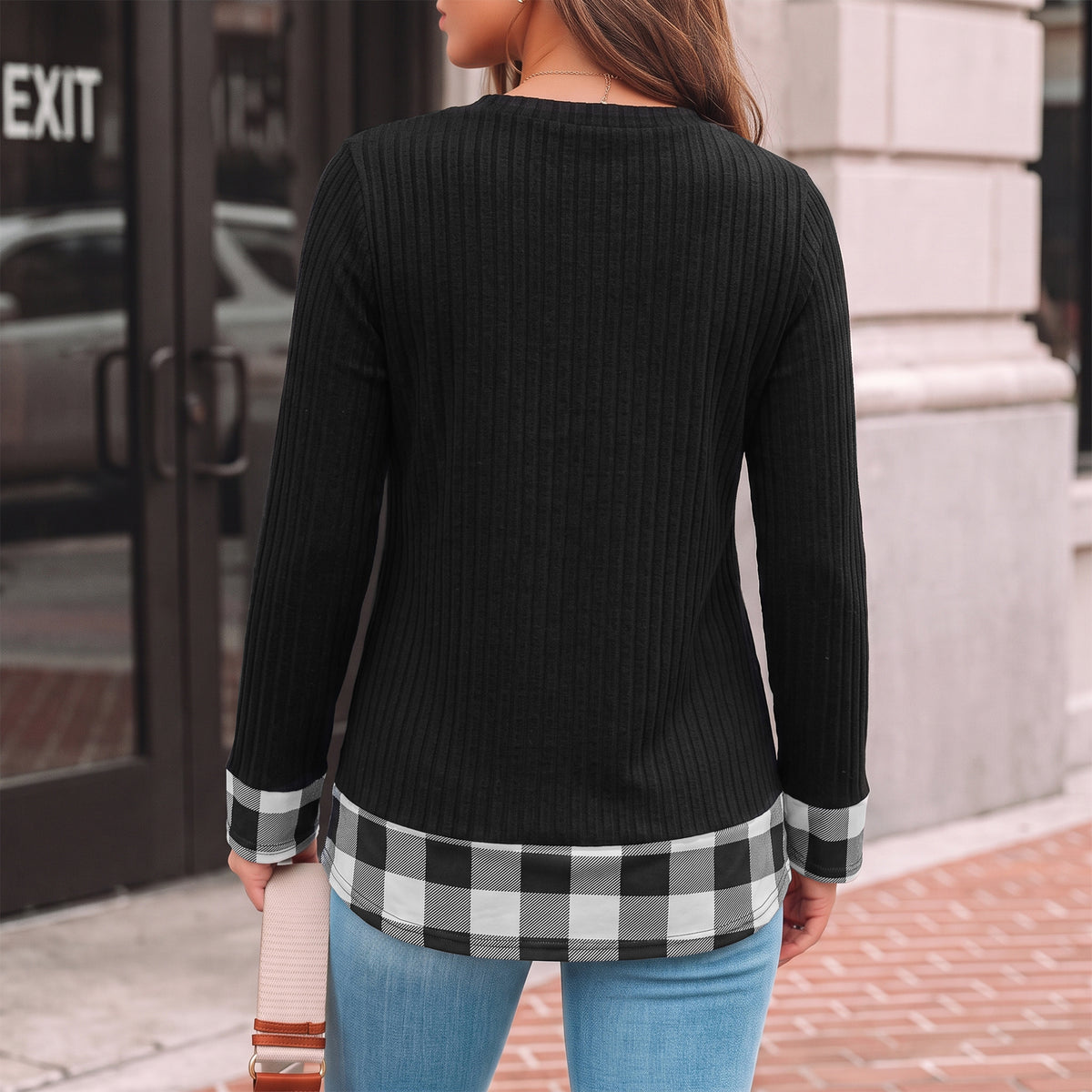 Long Sleeve Shirts for Women Casual V Neck Plaid Fake Two Piece Tops Lightweight Knit Tops Plus Size S-4XL