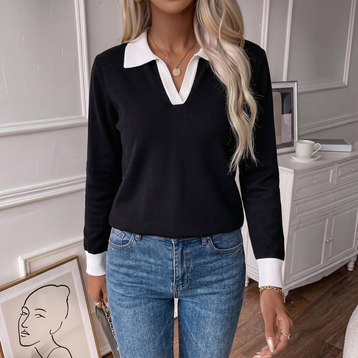 Sweaters for Women Polo Sweater Women Long Sleeve Rib Knit V Neck Pullover Lightweight Knit Top for Spring Fall Winter