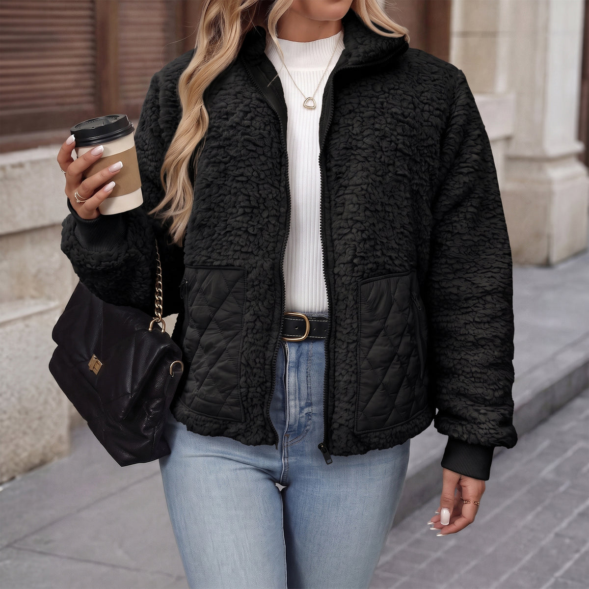 Womens Fleece Jacket Lightweight Zip Up Casual Long Sleeve Jacket with Quilted Pockets Cozy Fall Winter Outerwear