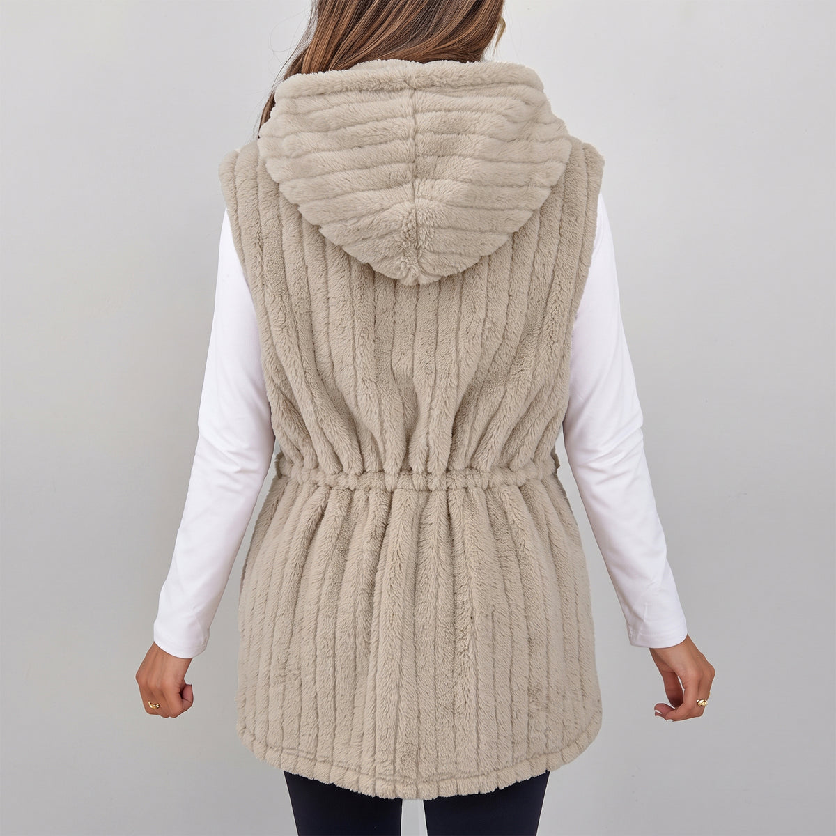 Womens Fleece Vest Hooded Sherpa Zip Front Sleeveless Jacket with Pockets Drawstring Waist Warm Outerwear for Spring Fall Winter