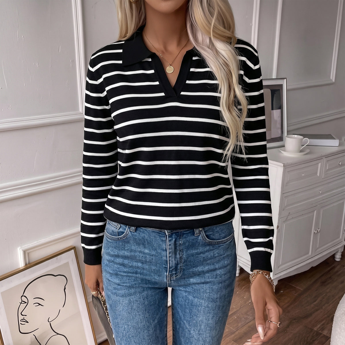 Sweaters for Women Polo Sweater Women Long Sleeve Rib Knit V Neck Pullover Lightweight Knit Top for Spring Fall Winter