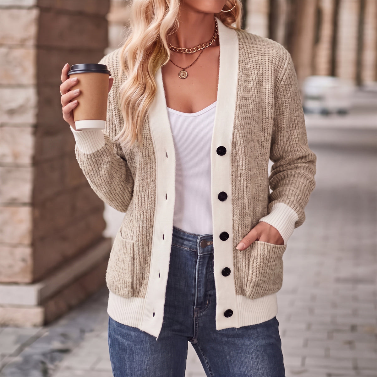WQD Cardigan Sweaters for Women Button up Long Sleeve Knit Cardigan with Contrast Trim and Pockets for Spring Fall Winter