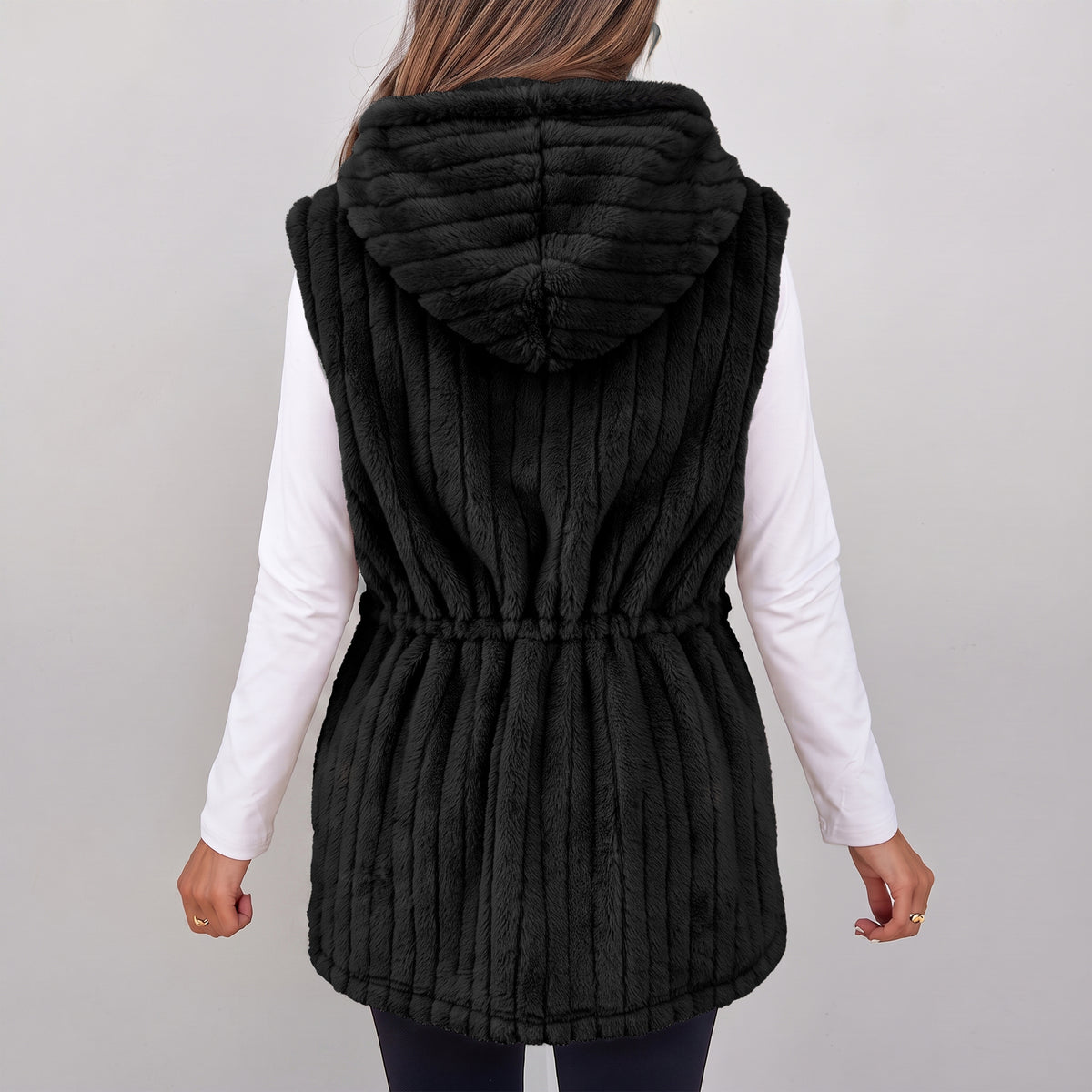 Womens Fleece Vest Hooded Sherpa Zip Front Sleeveless Jacket with Pockets Drawstring Waist Warm Outerwear for Spring Fall Winter