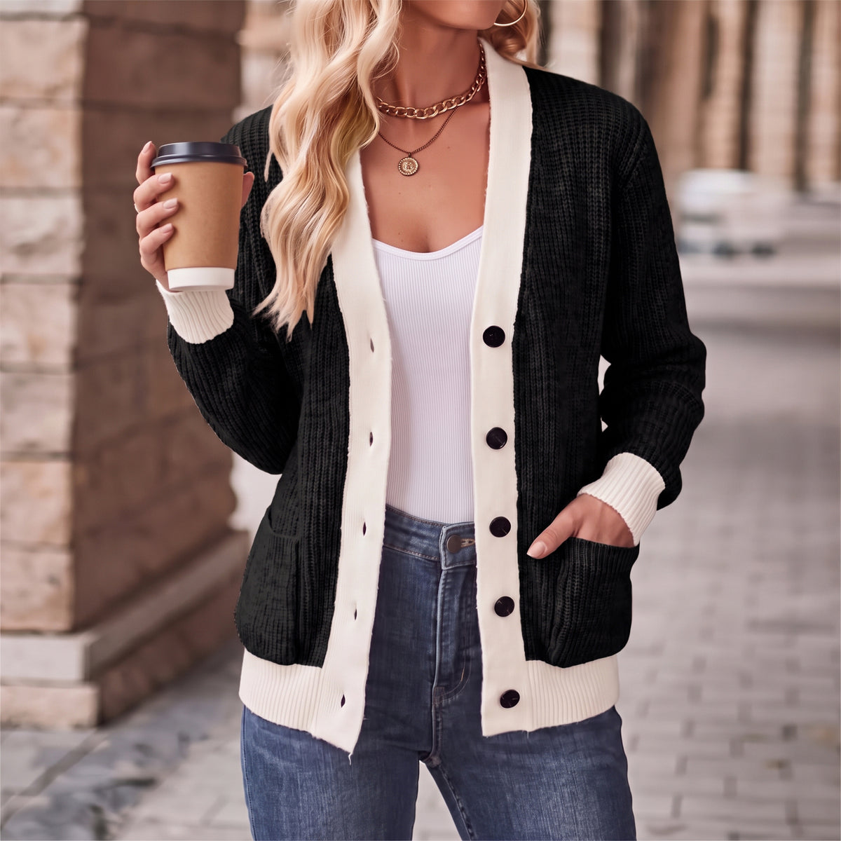WQD Cardigan Sweaters for Women Button up Long Sleeve Knit Cardigan with Contrast Trim and Pockets for Spring Fall Winter