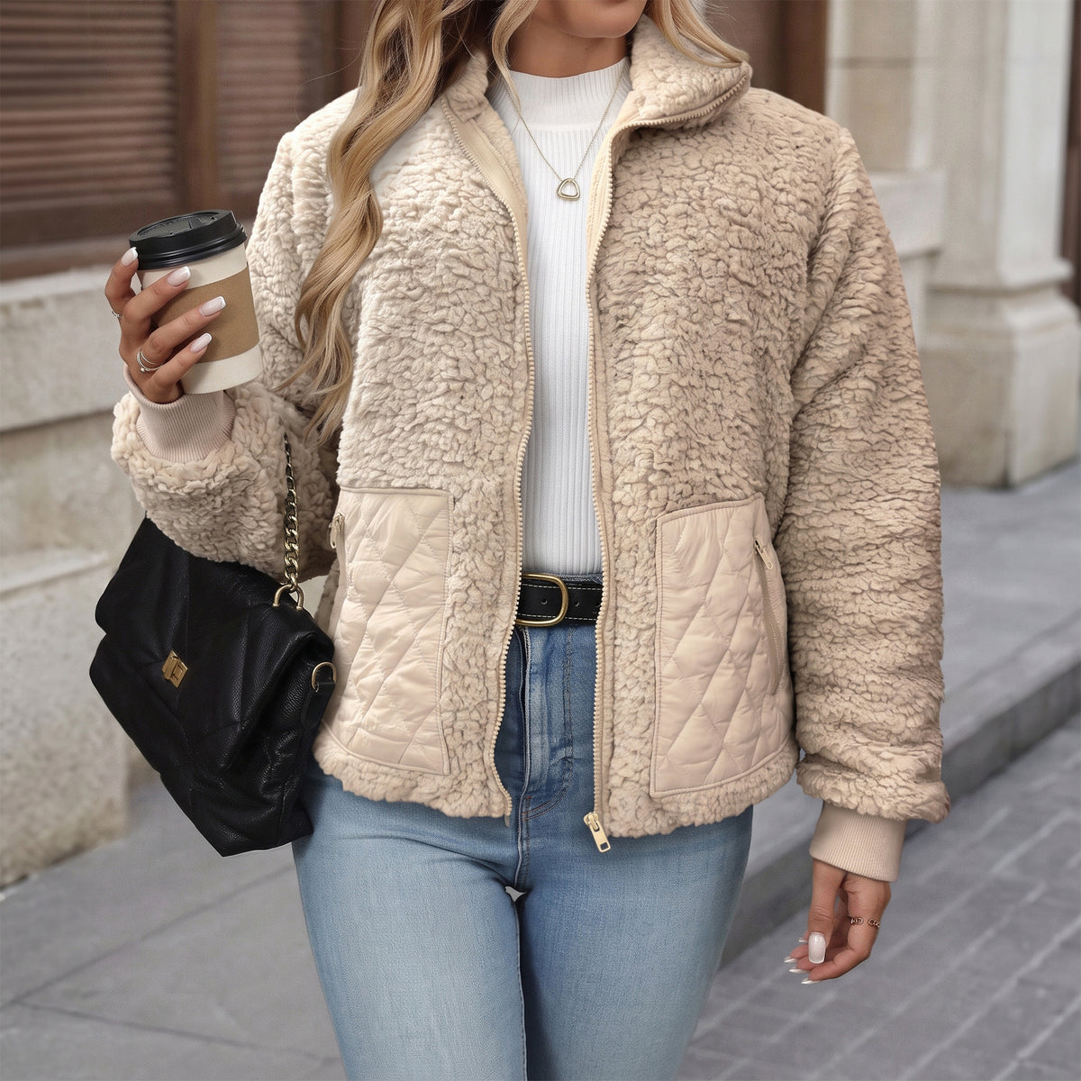 Womens Fleece Jacket Lightweight Zip Up Casual Long Sleeve Jacket with Quilted Pockets Cozy Fall Winter Outerwear