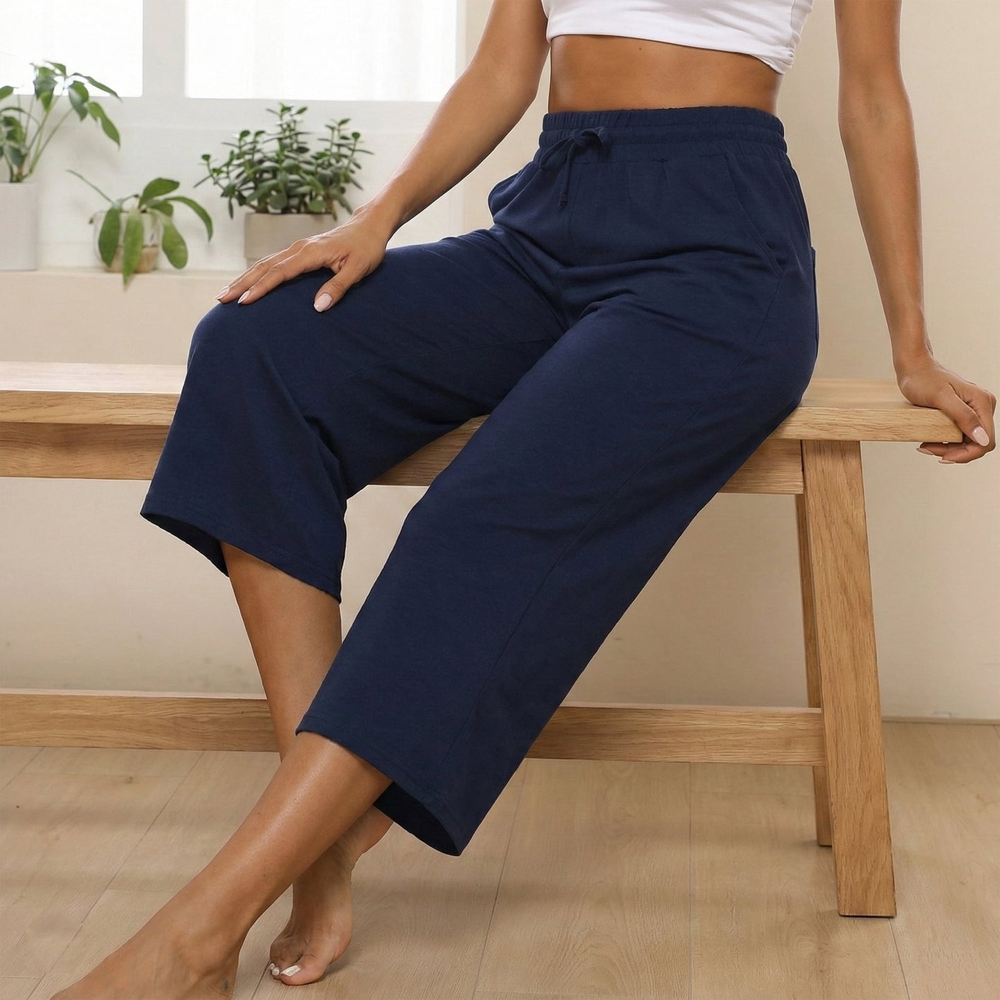 Women’s Capri Yoga Sweatpants with Pockets High Waist Drawstring Flared Pants Casual Workout Lounge Flare Leggings for Summer