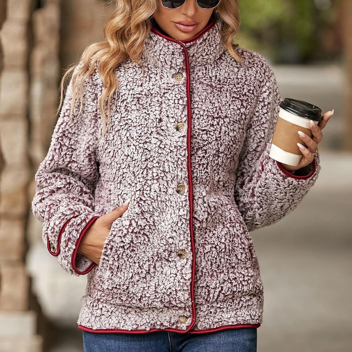 Women's Fleece Jacket Sherpa Teddy Fleece Coat Button Front Warm Outerwear with Pockets Stand Collar for Fall Winter