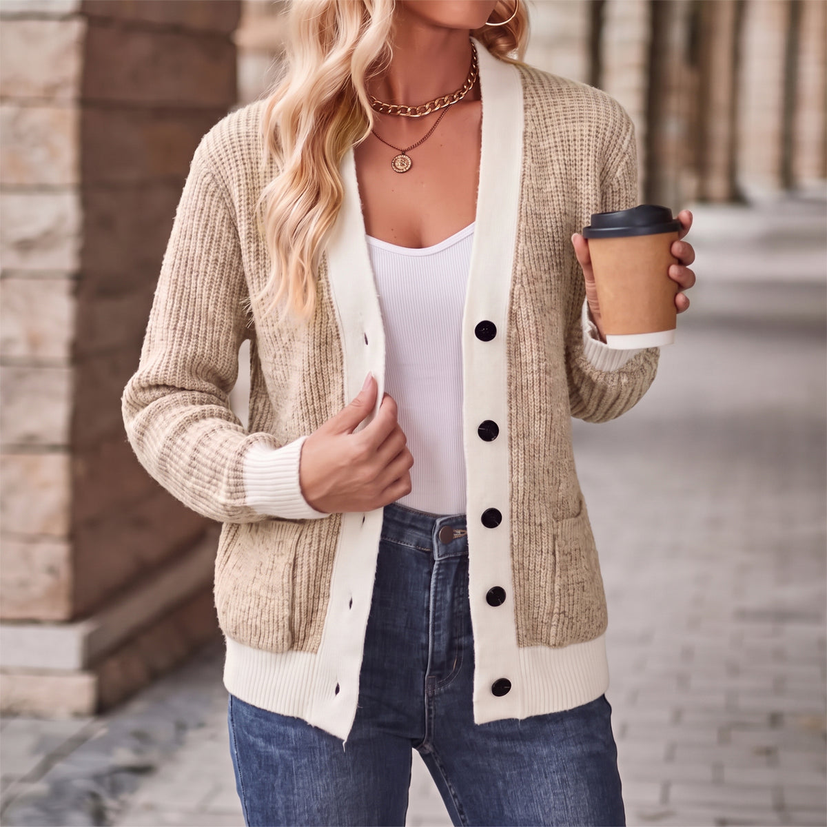 WQD Cardigan Sweaters for Women Button up Long Sleeve Knit Cardigan with Contrast Trim and Pockets for Spring Fall Winter