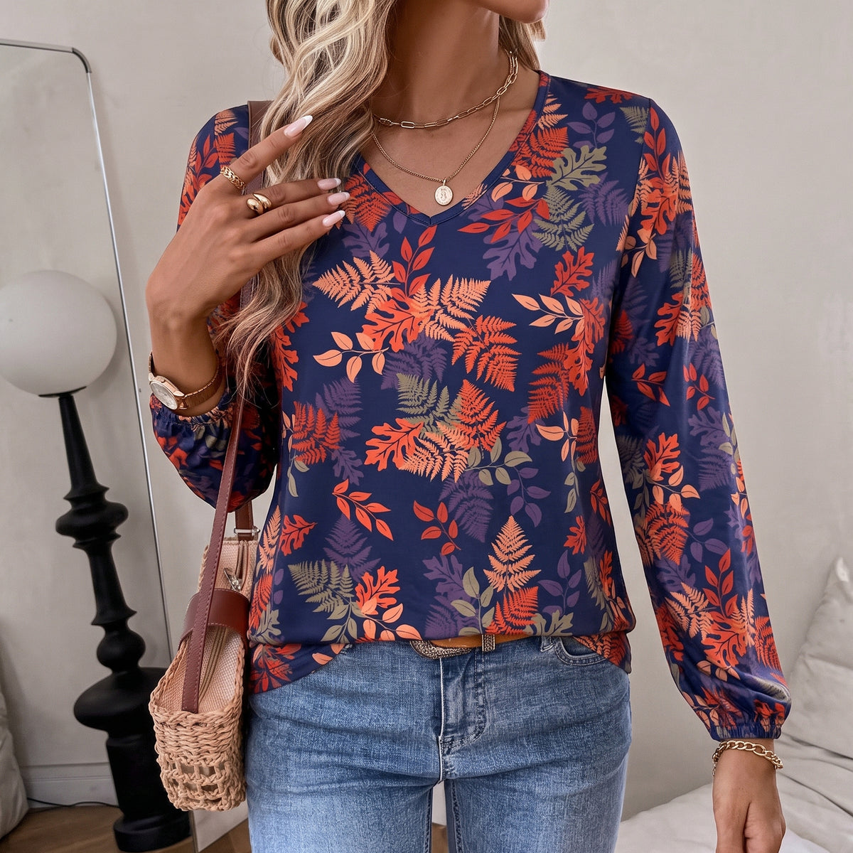Women's Long Sleeve Floral Blouses V Neck Casual Tops Lightweight Printed Shirts for Spring Fall Winter Available in Plus Size