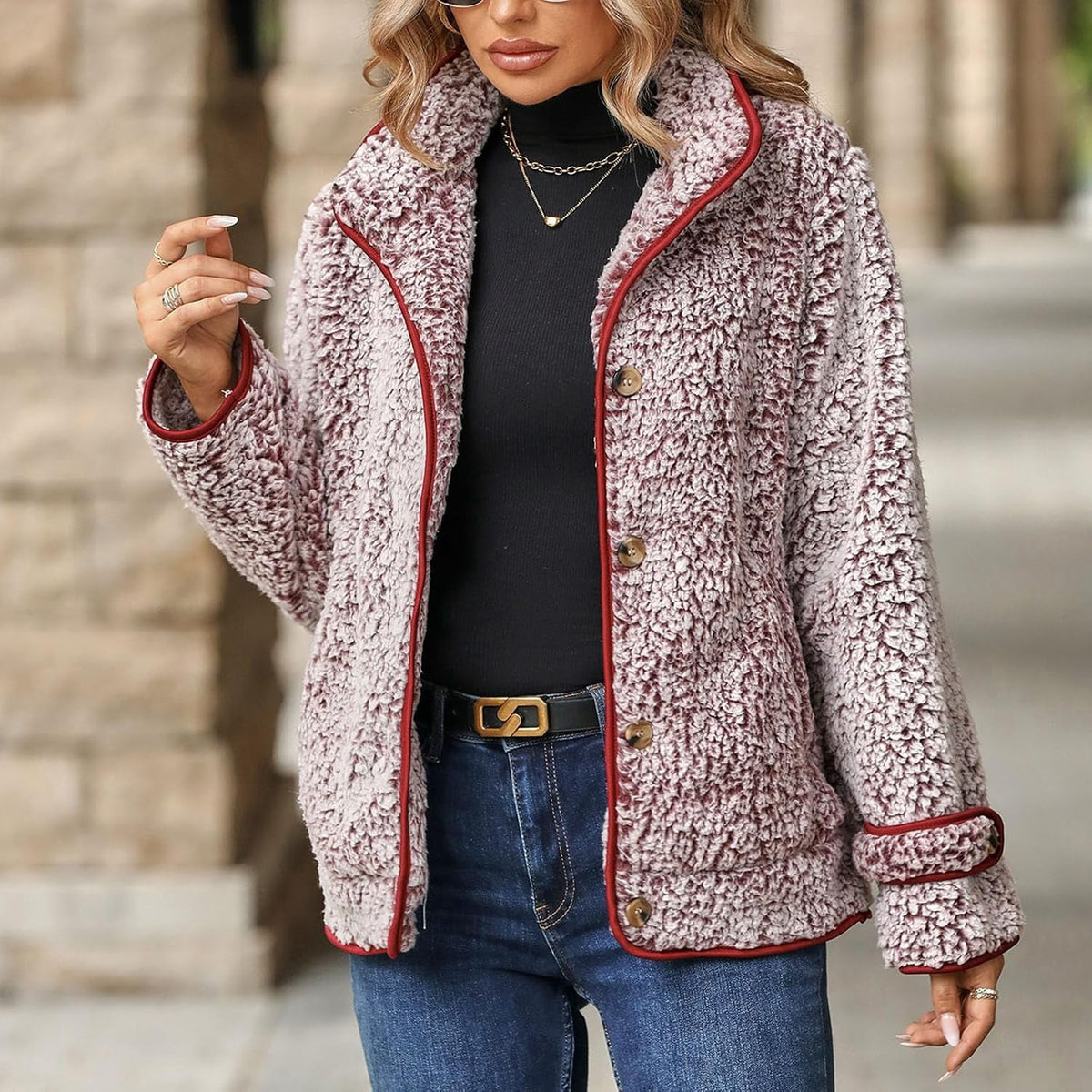 Women's Fleece Jacket Sherpa Teddy Fleece Coat Button Front Warm Outerwear with Pockets Stand Collar for Fall Winter