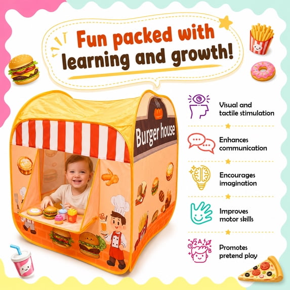 Flynow Kids Pop Up Hamburger Restaurant Play Tent, Playhouse Indoor Outdoor Folding Portable Play Tent for Kids Boys and Girls Role Play Camping Toys