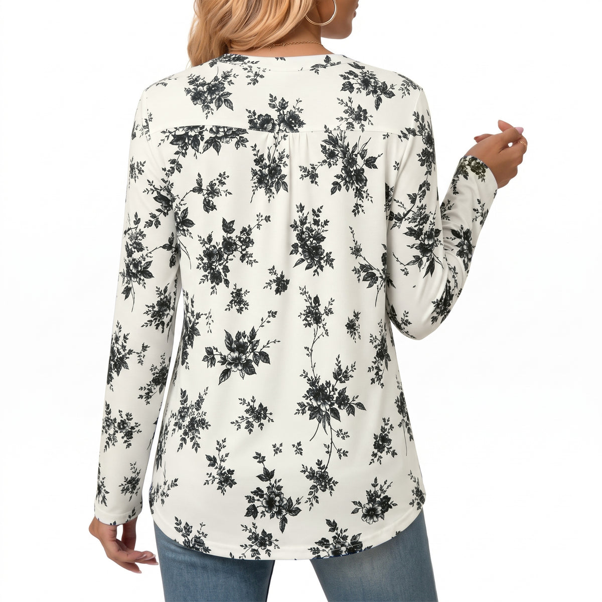 Women's Long Sleeve Tunic Tops Floral Pintuck Blouses Popover Shirts Dressy Casual Tops for Leggings Spring Fall Available in Sizes S-4XL