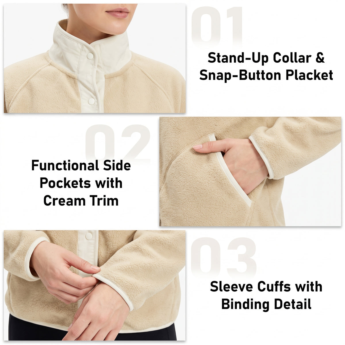 Women's Fleece Jacket Lightweight Stand Collar Long Sleeve Snap Button Front Outerwear Jacket with Side Pockets