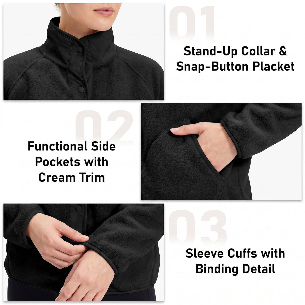 Women's Fleece Jacket Lightweight Stand Collar Long Sleeve Snap Button Front Outerwear Jacket with Side Pockets