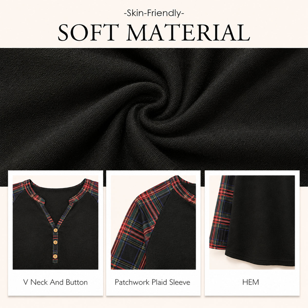 WQD Women's Long Sleeve Tops Plaid Raglan Sleeve Henley Tunic Shirt V Neck Button Casual Top for Spring Fall Winter