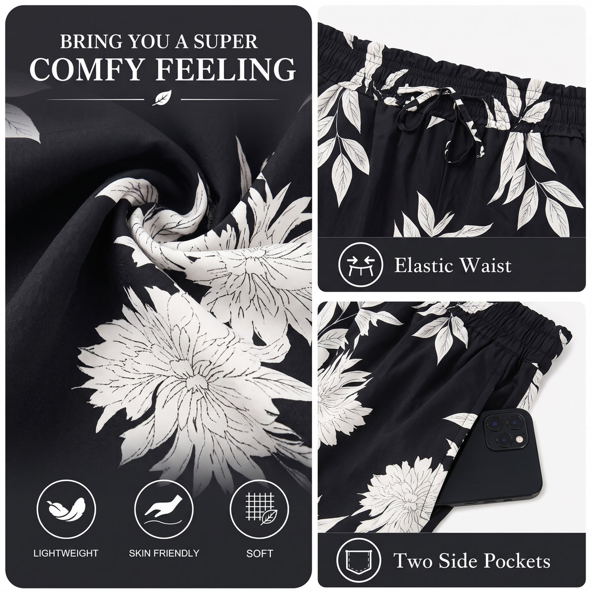 WQD Women's Wide Leg Pants Casual Elastic Waist Printed Palazzo Pants with Pockets Flowy Loose Trousers for Vacation Beach Travel