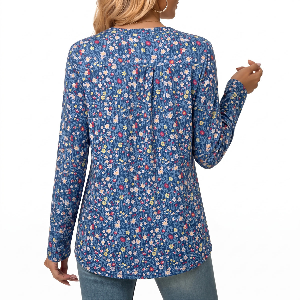 Women's Long Sleeve Tunic Tops Floral Pintuck Blouses Popover Shirts Dressy Casual Tops for Leggings Spring Fall Available in Sizes S-4XL